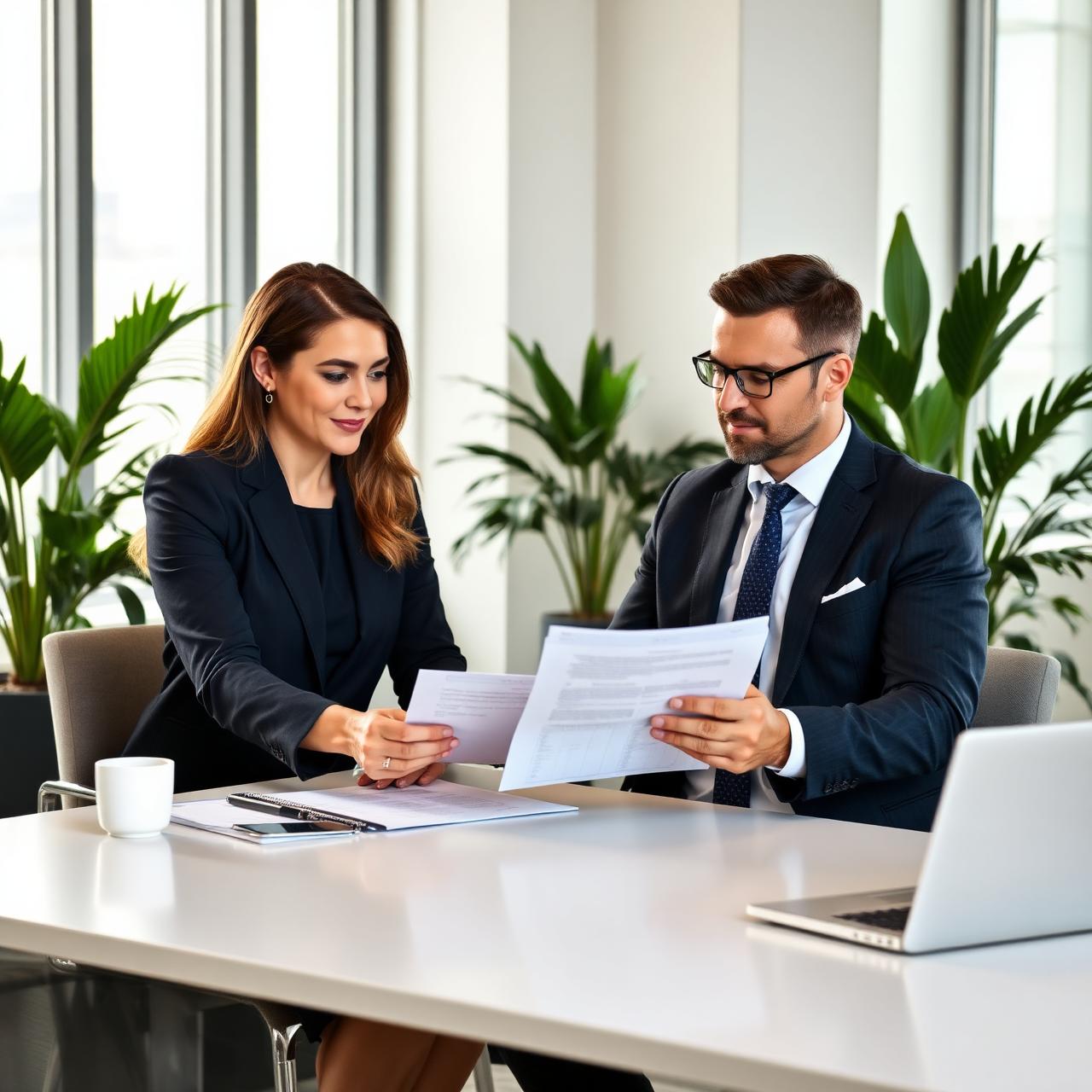 Consultores corporativos em reunião com cliente, revisando documentos
